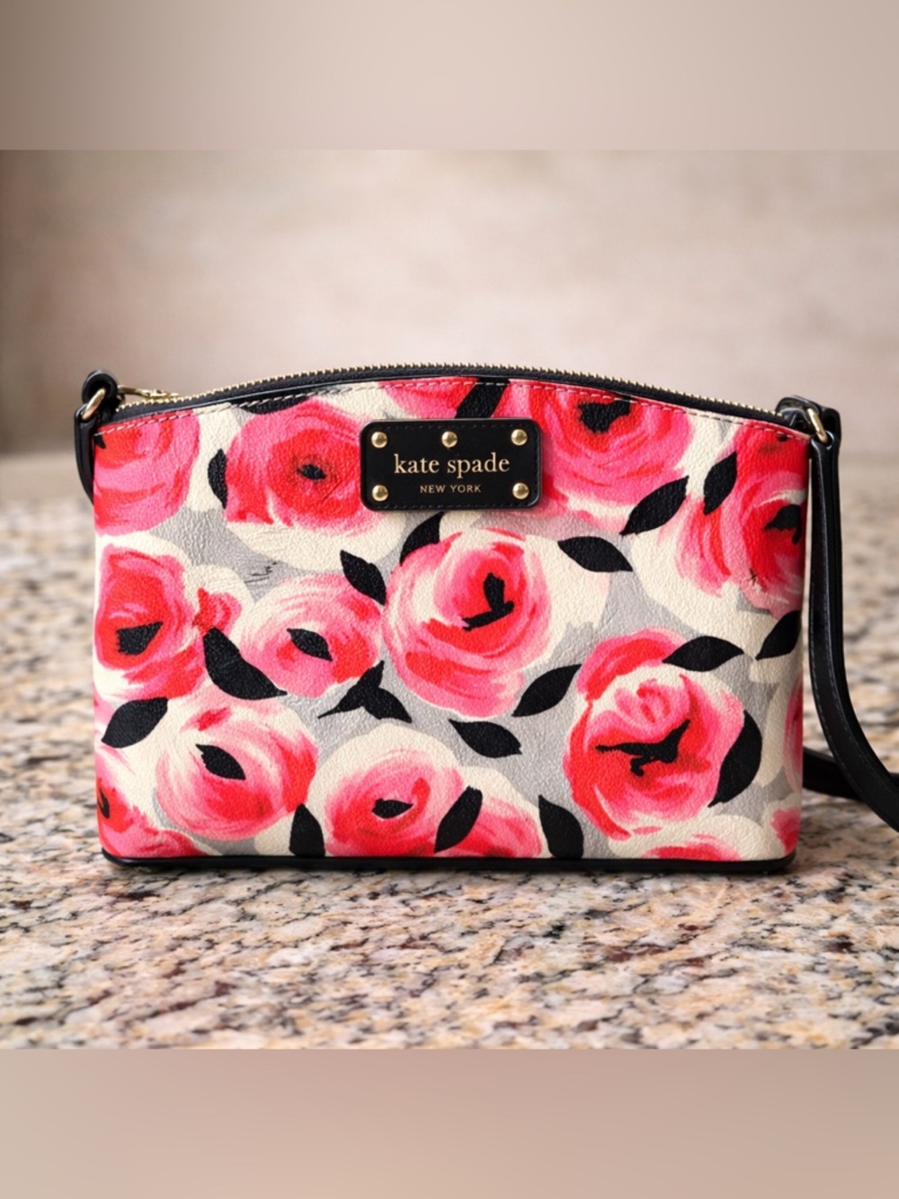 Kate Spade NY Floral Crossbody Bag Pink Rose Print Black Trim Gold Hardware